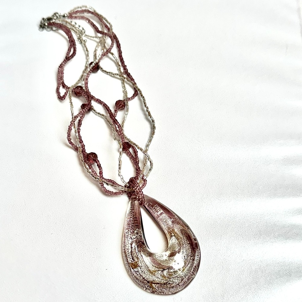 Teardrop Pendant Beaded Necklace Purple Silver Tone Multi Strand Lavender Purple
